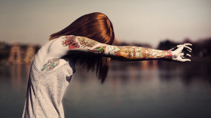 girl, selective coloring, pale, girl outdoors, tattoo