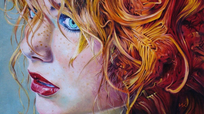 redhead, artwork, blue eyes, face, girl, freckles