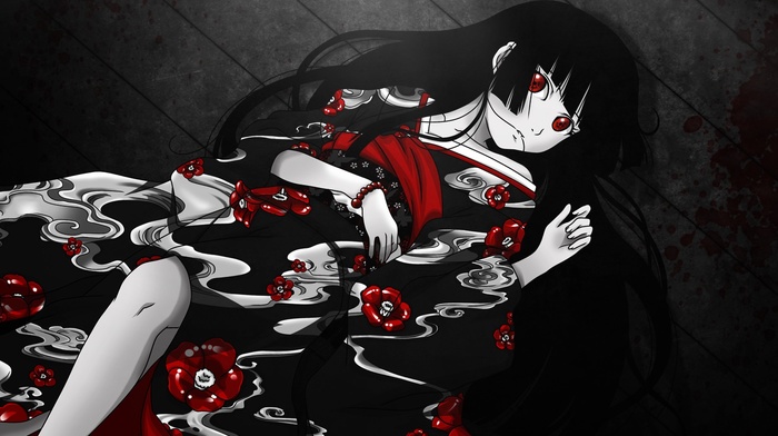 Jigoku Shoujo, flowers, blood, long hair, kimono, anime girls, red eyes