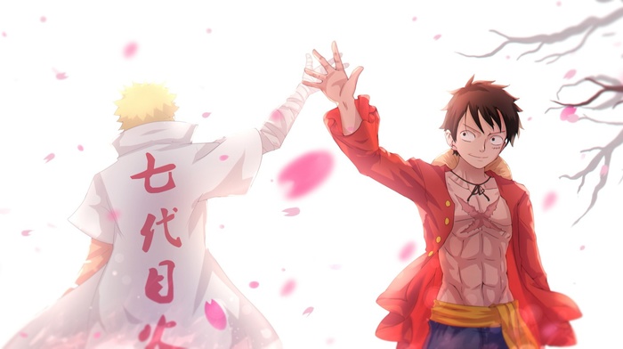 cherry blossom, Monkey D. Luffy, Uzumaki Naruto, One Piece, anime
