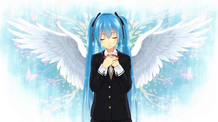 closed eyes, Vocaloid, wings, Hatsune Miku