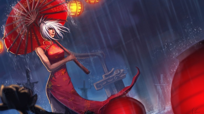 riven, dress, artwork, umbrella, League of Legends, girl, red dress