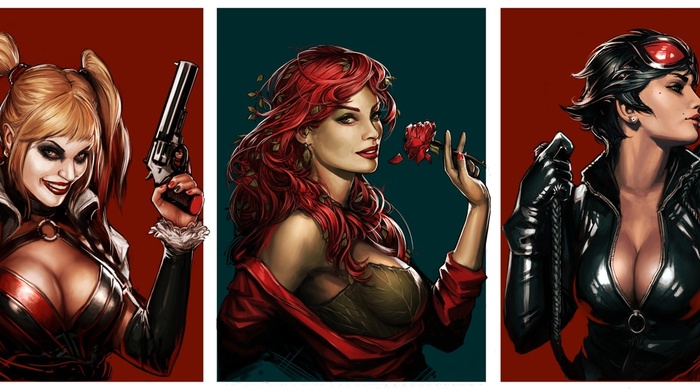 DC Comics, Catwoman, Poison Ivy, Harley Quinn, artwork