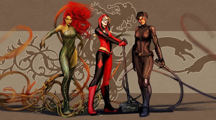 Nebezial, fantasy art, Catwoman, Harley Quinn, Poison Ivy