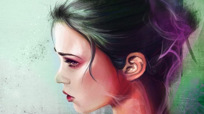 girl, artwork, dark hair, face