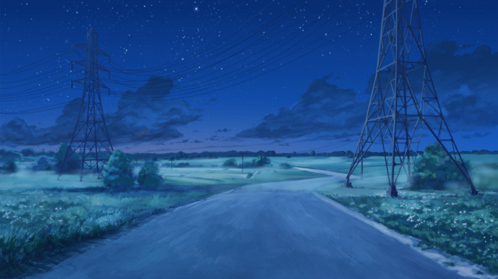 Everlasting Summer, ArseniXC, power lines, utility pole, clouds, starry night