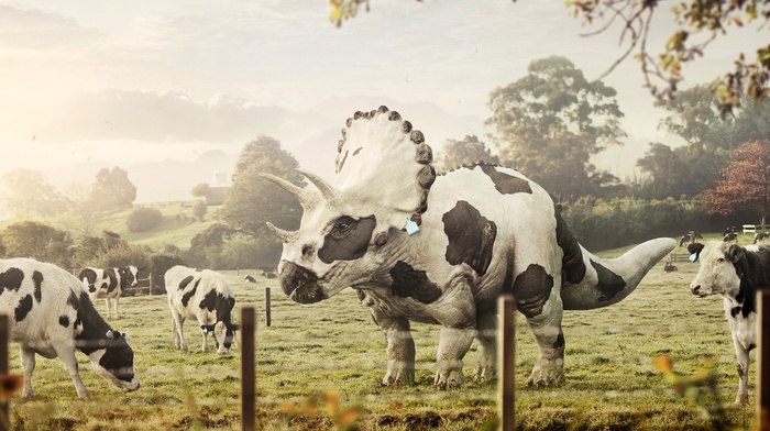 Triceratops, dinosaurs, digital art, farm, Bull, Abduzeedo, cows