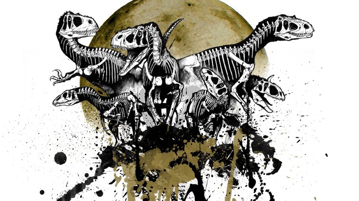 dinosaurs, skeleton, skull, moon
