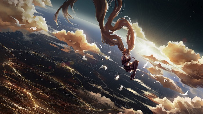 Vocaloid, space, anime, anime girls, floating, Hatsune Miku, birds, clouds