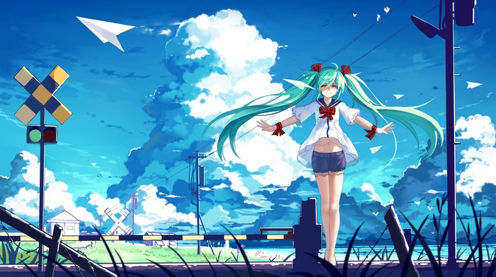 Hatsune Miku, Vocaloid, railway, clouds