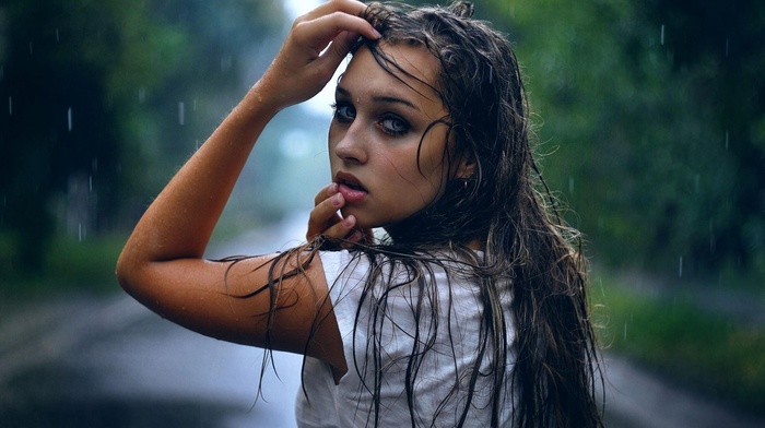 blue eyes, model, trees, wet hair, wet, water drops, long hair, hands on head, girl outdoors, rain, brunette, open mouth, girl