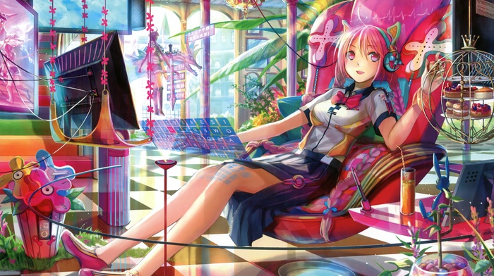 pink hair, food, Fuji Choko, nekomimi, anime girls, headphones, anime, pink eyes, original characters, interfaces