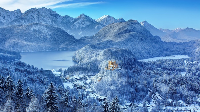 nature, lake, house, castle, landscape, mountain, clouds, trees, Germany, forest, snow, winter