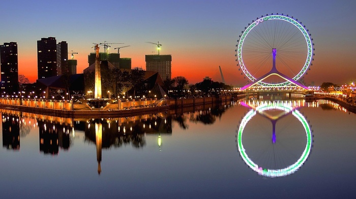 reflection, city, ferris wheel