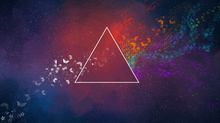 The Dark Side of the Moon, triangle, abstract, pink floyd, flowers