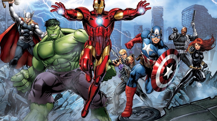 hawkeye, Black Widow, lightning, Iron Man, Hulk, Captain America, nick fury, Marvel Comics, Thor, The Avengers