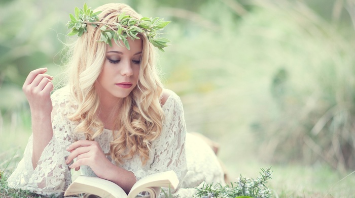 girl outdoors, nature, reading, white dress, girl, grass, blonde, long hair, wreaths, model, books