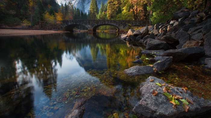 trees, leaves, bridge, river, mountain, reflection, nature, water, landscape, forest, rock