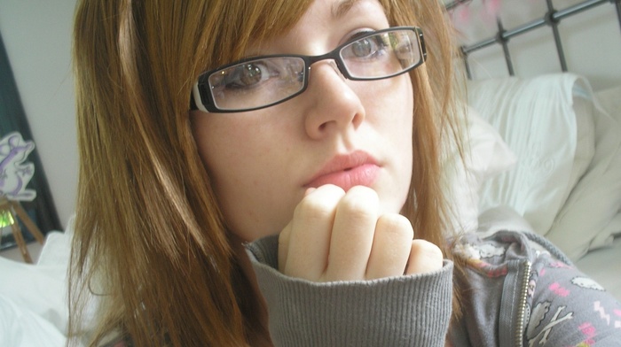 auburn hair, girl, glasses, face