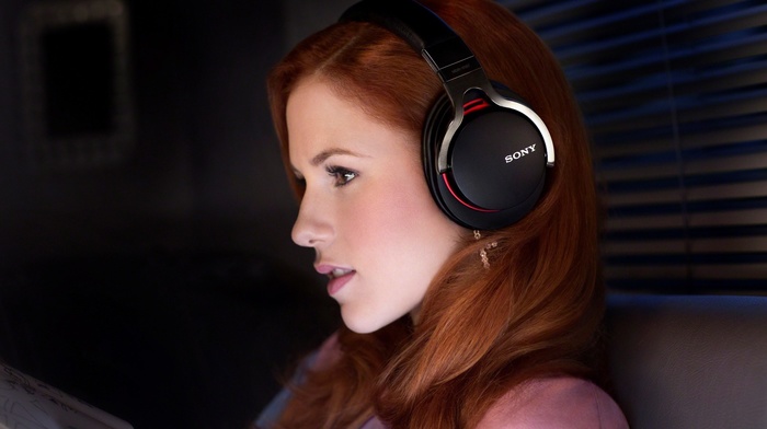 girl, headphones, face, redhead, sony