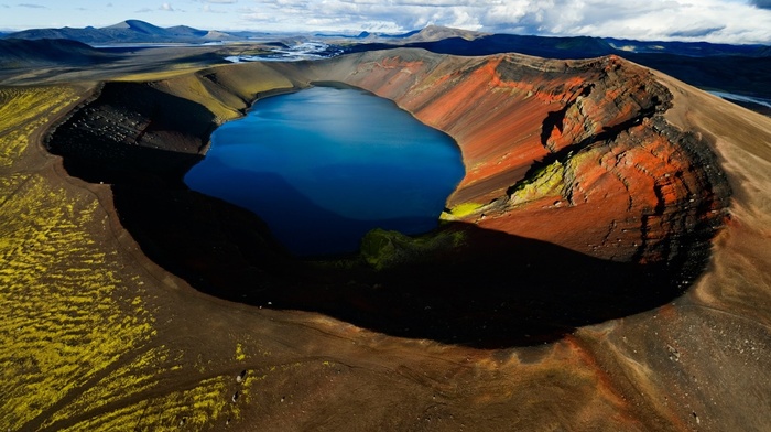 water, hill, nature, landscape, lake, shadow, clouds