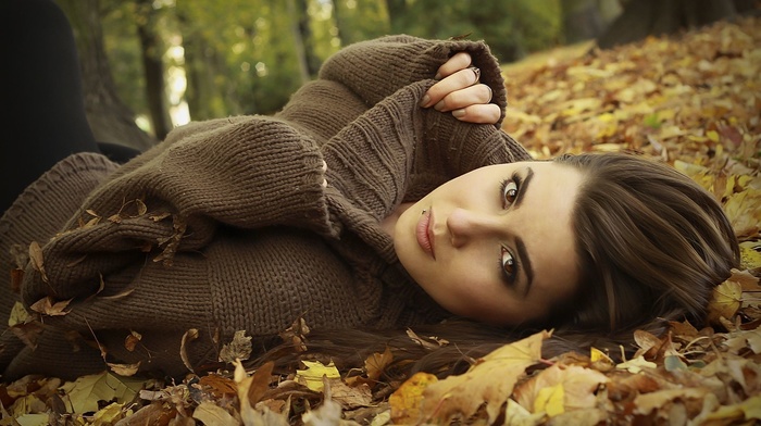 piercing, trees, sweater, face, leaves, model, brown eyes, long hair, girl outdoors