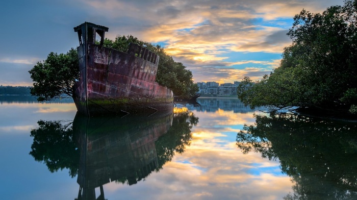 ship, trees, water, Sydney, abandoned, reflection, Australia
