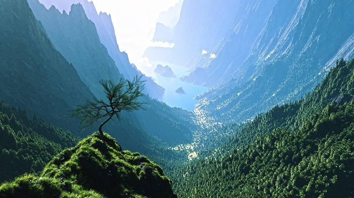 valley, mountain, trees, water, nature