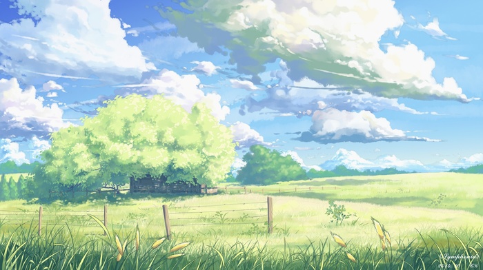 field, fantasy art, clouds