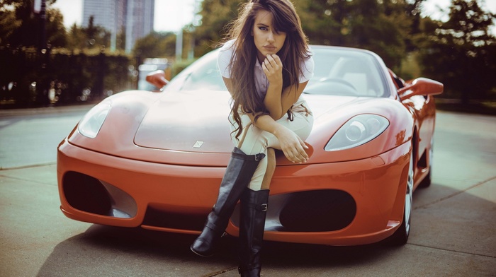 boots, girl with cars, red cars, Ferrari
