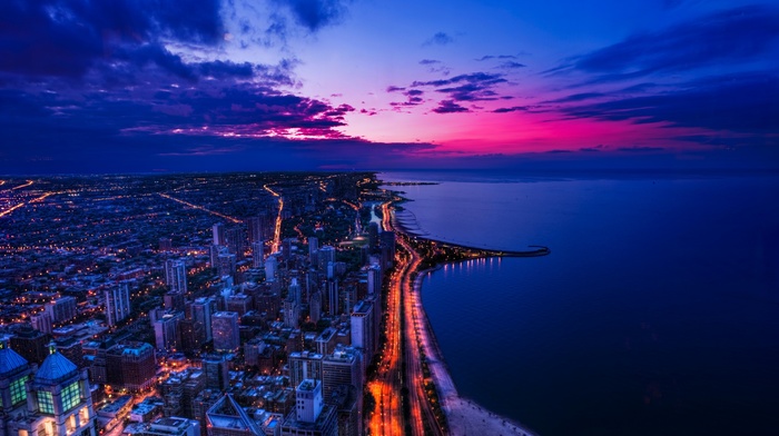 sunset, Chicago, cityscape, coast, lights