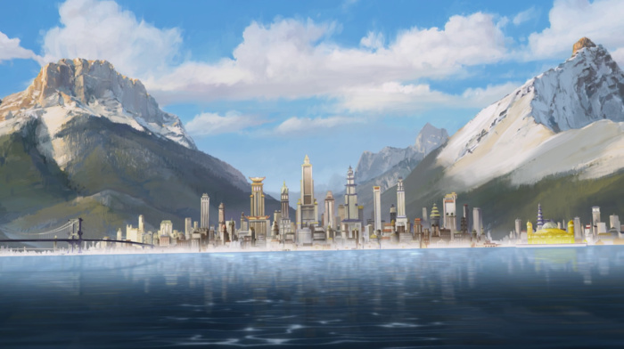 The Legend of Korra, Republic City, clouds, mountain, bridge, skyscraper, snow, reflection, digital art, Avatar, painting, cityscape, lake