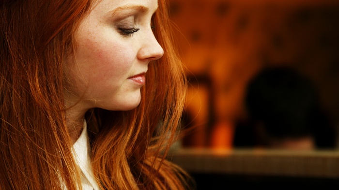 redhead, face, closed eyes, profile, model, freckles, long hair