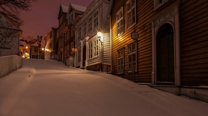town, fence, landscape, lights, house, hill, Norway, winter, street, trees, nature, snow, night