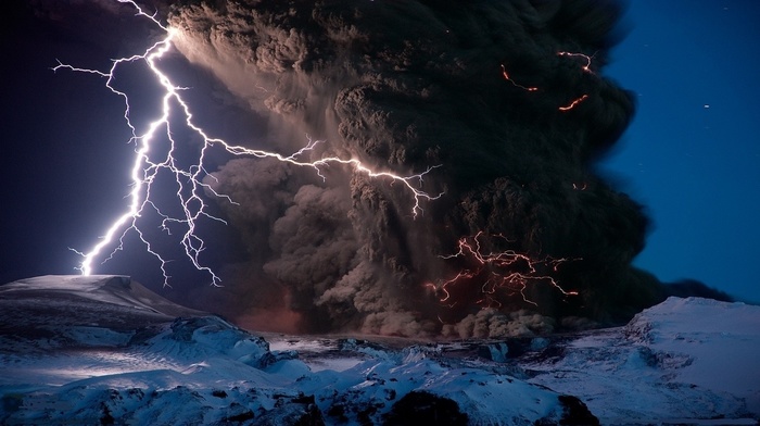 winter, rock, smoke, Iceland, lightning, landscape, snow, volcano, nature, long exposure