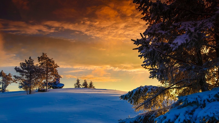 sunset, rock, snow, hill, clouds, nature, Norway, winter, trees, landscape
