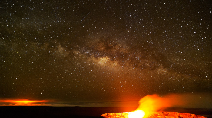 stars, nature, volcano, lava, night