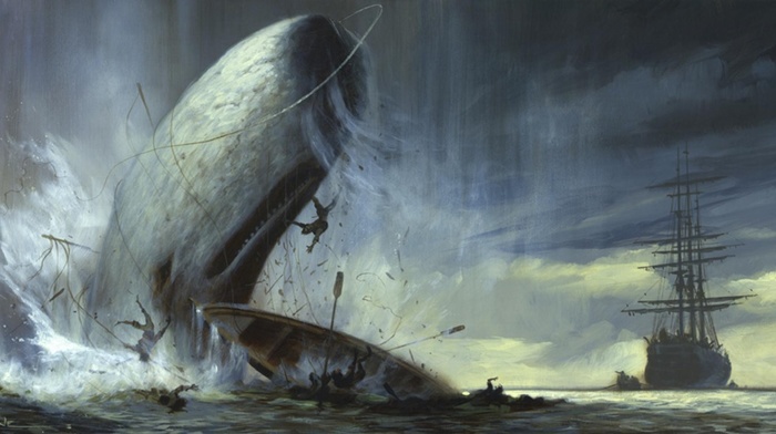 sea, men, artwork, ship, animals, waves, nature, boat, clouds, fighting, whale, Moby Dick