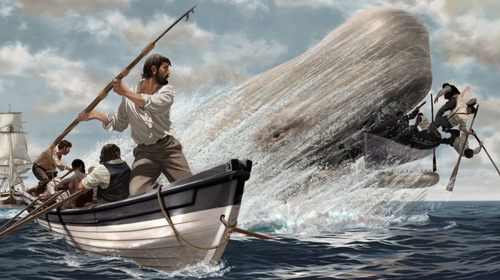waves, nature, artwork, ship, fighting, Moby Dick, men, boat, sea, animals, whale