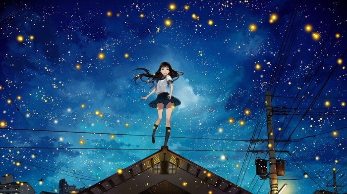 fireflies, rooftops, original characters, power lines, night, utility pole, stars, anime girls