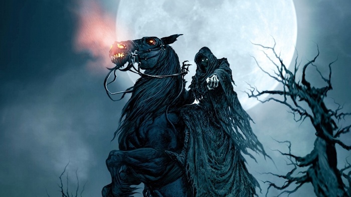moon, fantasy art, horse, trees, grim reaper