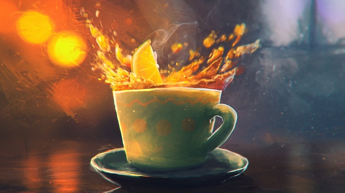 tea, splashes, cup, Sylar, lemons, artwork