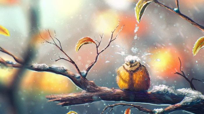 fall, titmouse, snow, winter, nature, leaves, Sylar, birds, animals, drawing
