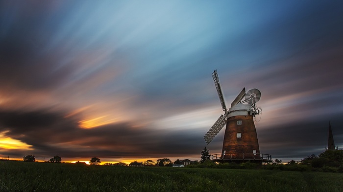 long exposure, nature, clouds, field, England, old building, architecture, landscape, sunlight, trees, windmills
