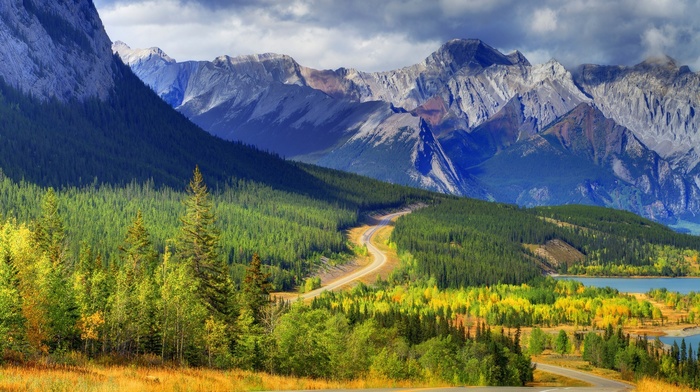 trees, road, nature, lake, landscape, forest, clouds, mountain, Canada