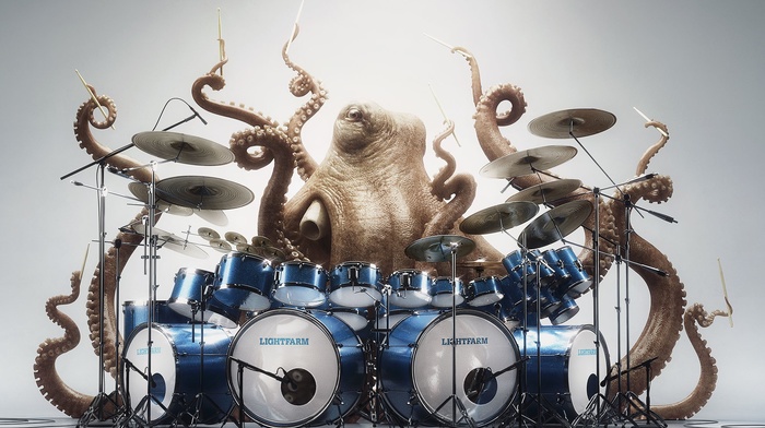 digital art, drums, creativity, Drummer, music, white background, playing, humor, animals, octopus