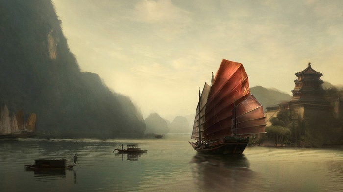 reflection, mountain, sailing ship, China