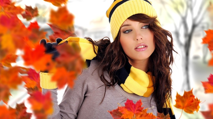open mouth, fall, girl outdoors, nature, sweater, Izabela Magier, brunette, model, girl, long hair, leaves