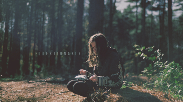 girl outdoors, forest, quote, girl, brunette