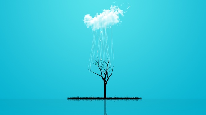 reflection, clouds, blue background, ropes, digital art, trees